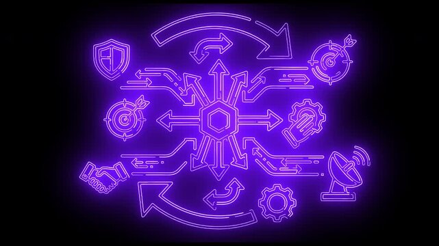 Neon-lit purple flowchart diagram with glowing arrows and icons on a black background