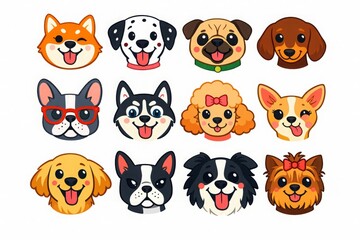 Fototapeta premium Cute dog faces collection cartoon pet avatars colorful vector illustration set