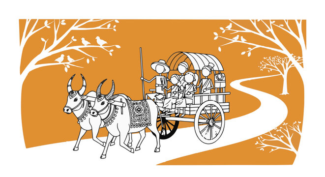 Traditional Warli art bullock cart illustration, Indian tribal folk painting of rural family travel, orange and white ethnic village scene vector