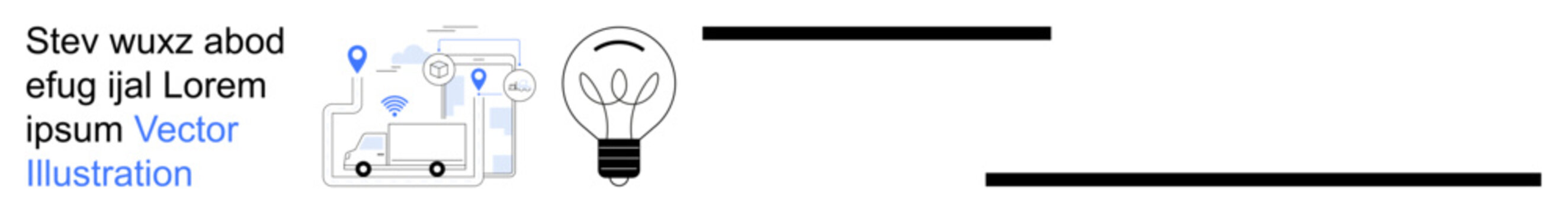 Logistics, creative thinking, innovation, transportation, shipping, delivery. Minimalist delivery truck with map pins and light bulb icon. Logistics and creative thinking concept