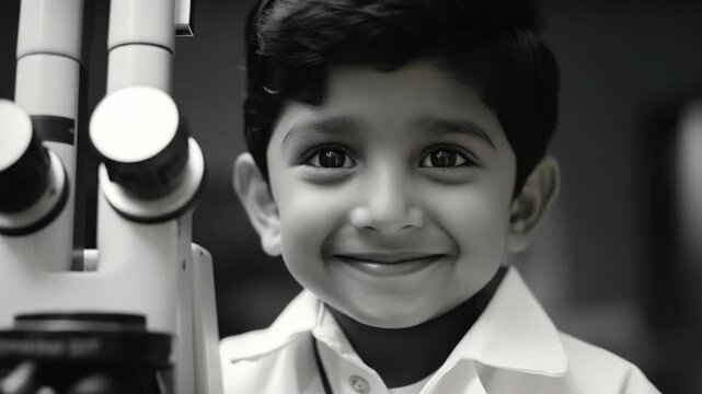 A cheerful young scientist observing microscope slides with a focused expression.