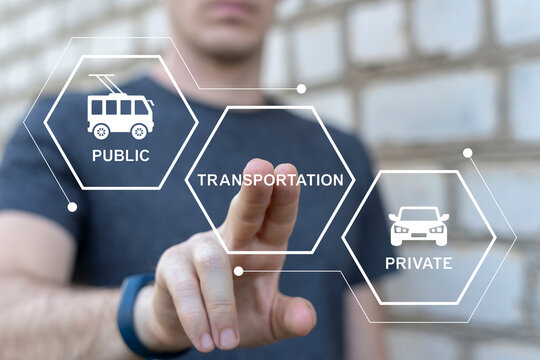 Concept of public and private city transportation. Public vs private transport.