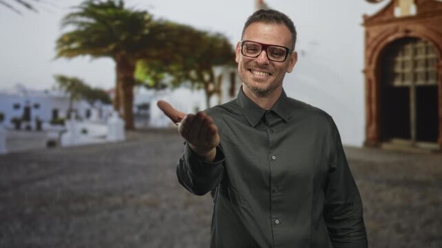 Man offering outstretched hand and smiling in front of a sunlit plaza building, wearing glasses and dark shirt; welcoming invitation.