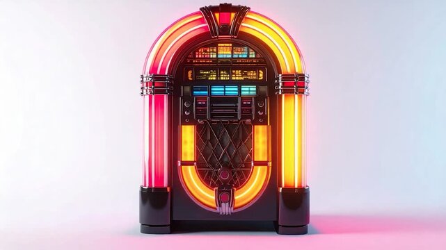 Frontal view of retro jukebox with orange/red neon lighting
