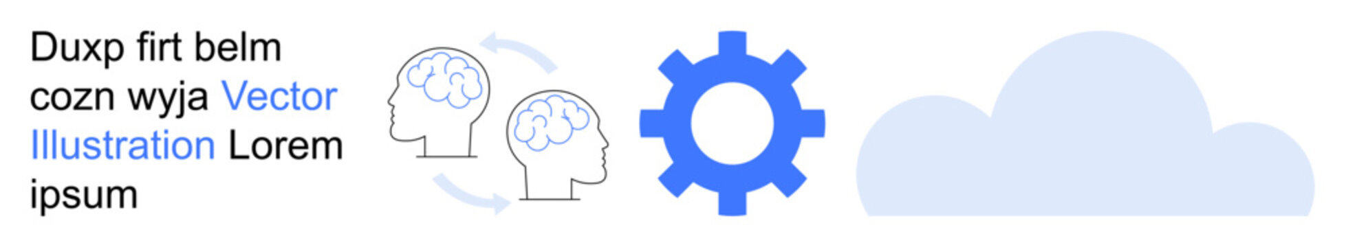 Cloud computing, cognitive processing, teamwork, innovation, data management, digital transformation. Brain icons, gear and cloud interconnected. Cloud computing and cognitive processes concept