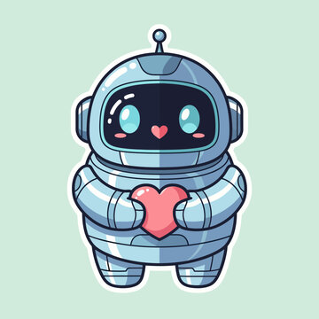Cute Robot Holding a Pink Heart with Love.