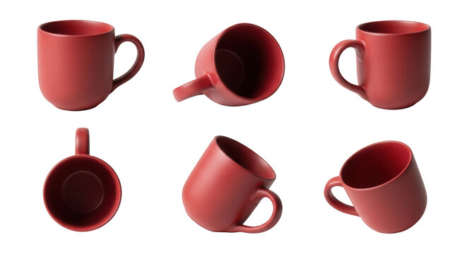 various angles of a red mug on a white background useful for product design and textures in a clean minimalist style