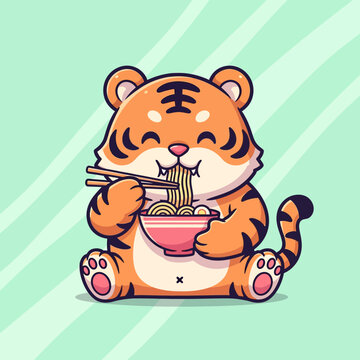 Cute Cartoon Tiger Enjoying a Delicious Bowl of Ramen Noodles.