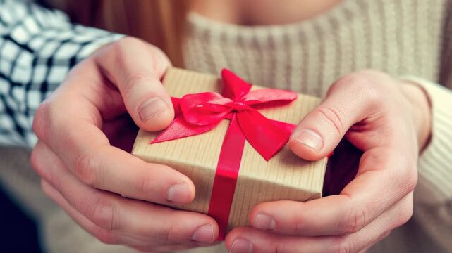 Person's hand extended to give or receive a present. Festive theme of giving and receiving gifts.