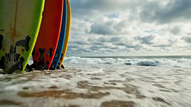 Row of multi colored surfboards on a sandy beach