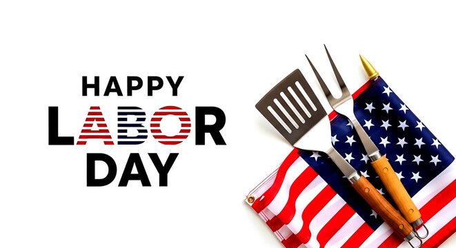 Happy labor day us international workers' day celebration with bbq american flag
