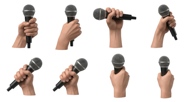 various hands holding microphones on a white background vocal or audio recording scenarios music interviews