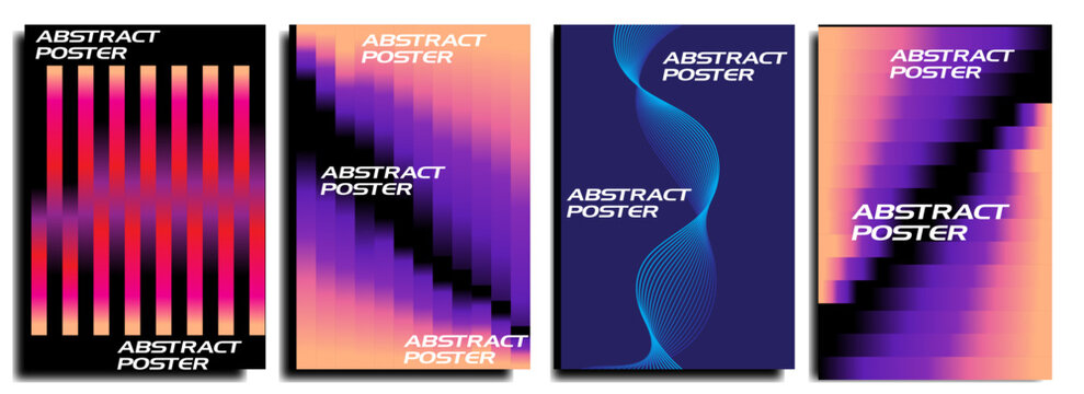 Modern abstract poster template with purple and orange gradient geometric shapes and stripes.