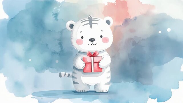 Cute tiger character holding small gift box on watercolor splash background watercolor painting illustration