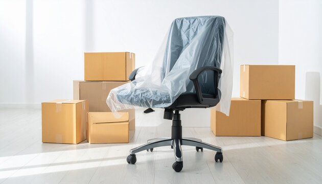 Office Chair Wrapped in Plastic with Cardboard Boxes.