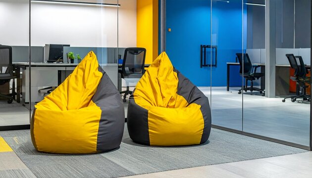 Modern Office Break Room with Yellow and Gray Beanbag Chairs.