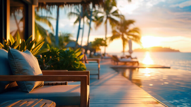 Tropical beach resort at sunset.Luxury modern beach hotel with swimming pool. close up of Sunbeds on sundeck. Generative Ai Edited	