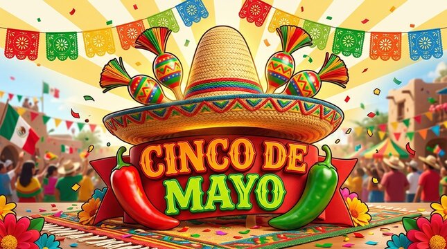 Celebration of Cinco de Mayo with traditional sombrero and colorful decorations in a festive outdoor scene