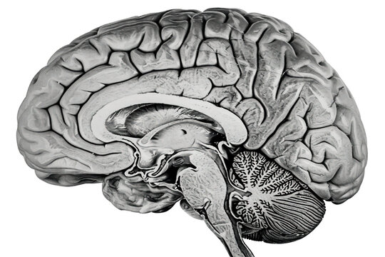 Detailed anatomical cross section of the human brain and brainstem illustration  isolated on white background