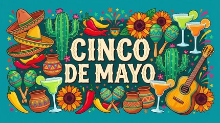 Obraz premium Colorful Cinco De Mayo Celebration Illustration With Cultural Elements