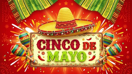 Obraz premium Colorful Cinco De Mayo Celebration Graphic Design With Sombrero And Maracas