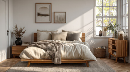 Fototapeta premium Soft minimalist bedroom with white walls, beige bedding and warm wooden furniture