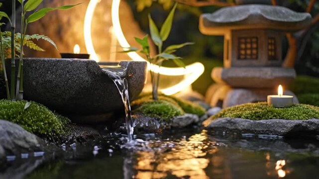 Captivating Miniature Zen Garden with Flowing Water Feature, Warm Candle Glow, and Contemporary Neon Light Accent for Serene Relaxation