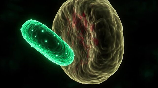 Microscopic view of a virus attacking a cell, showing the infection process in detail.