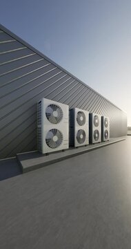 3D rendering of air conditioning units on concrete rooftop deck. Condenser systems sit against metal siding wall and clear sky, subtle dark morning lighting. HVAC technology, industrial architecture.