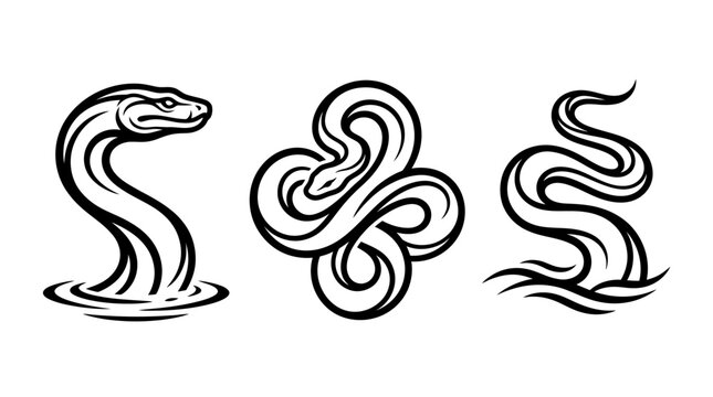 Stylized Black and White Snakes in Various Poses