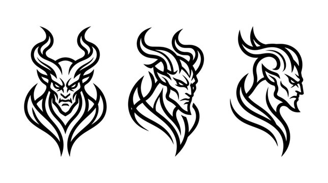 Set of Devil Heads in Black and White Silhouette