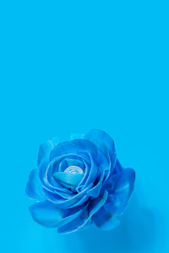 Rosa artificial de seda con p&eacute;talos laminados y brillo suave, fotografiada sobre fondo azul cian vibrante. Ideal para proyectos de moda, belleza, bodas y dise&ntilde;o editorial