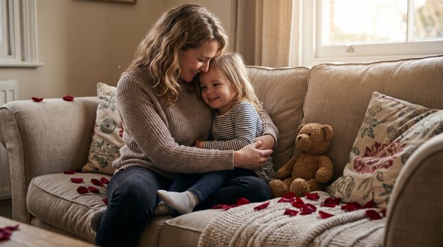 Mother and Daughter share an intimate moment on the couch at home, a symbol of familial love