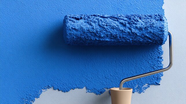 Close-up of paint roller applying blue paint on textured wall. Smooth coverage with visible strokes. Home renovation concept, interior design, DIY painting and surface finishing