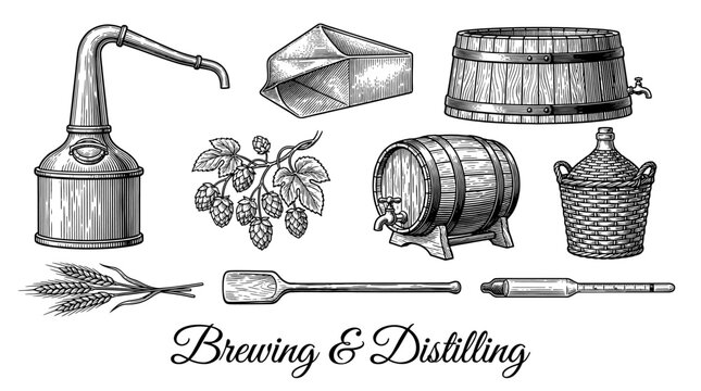 Vintage Brewing and Distilling Equipment Vector Illustration Set with Copper Still, Wooden Barrels, Hops, and Wheat