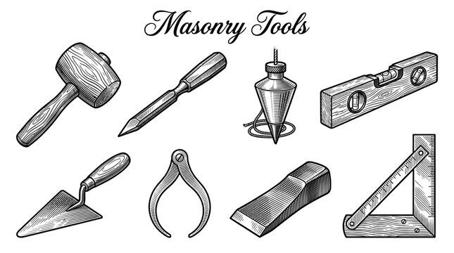 Vintage Masonry and Stoneworking Tools Vector Set in Engraving Style Featuring Trowel, Mallet, Chisel, and Spirit Level