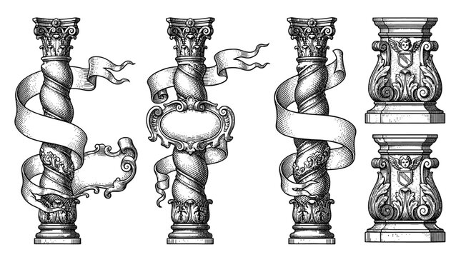 Vintage Engraved Architectural Columns with Ribbons and Decorative Banners Set