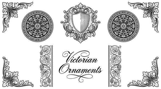 Set of Victorian Decorative Ornaments with Heraldic Shield, Floral Rosettes, and Engraved Borders Vector Illustration