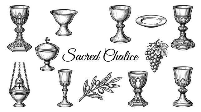 Sacred Chalice and Religious Liturgical Objects Vector Illustration Engraving Set