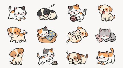 Fototapeta premium A charming collection of adorable cartoon kittens and puppies in various playful and sleepy poses, rendered in a cute, simple art style.