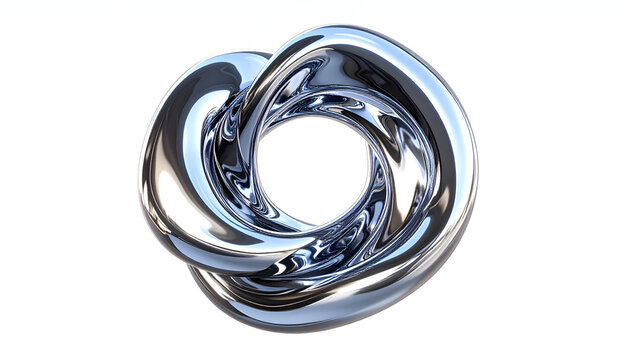 Abstract chrome mobius strip knot sculpture with reflective metallic surface and smooth polished finish on a white backdrop