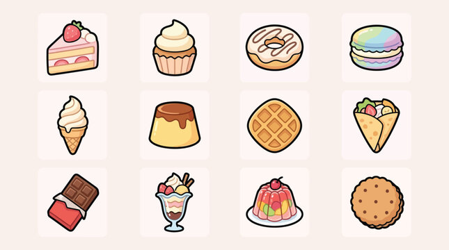 A delightful collection of 12 cute, cartoon-style dessert and snack icons, perfect for digital use.