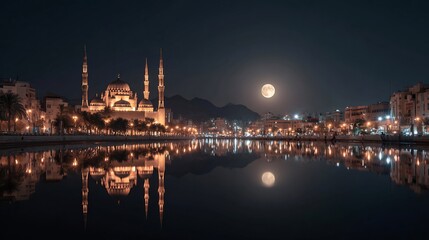 Obraz premium Majestic mosque reflected in calm waters under a full moon, a captivating digital painting showcasing architectural brilliance and a tranquil nocturnal scene, radiating peace.