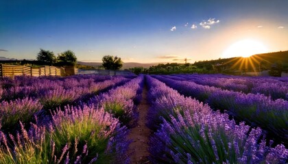 Fototapeta premium Lavender field at sunset - A serene landscape of purple blooms.