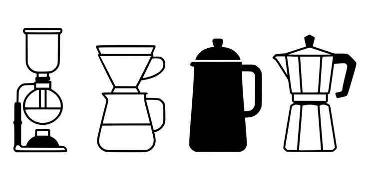 Coffee maker illustration icon set, with outline and silhouette design, isolated on transparent background