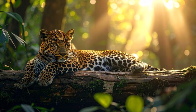 Leopard basking in sunlight on a tree branch in jungle.