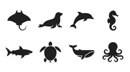 Fototapeta premium Marine Life Silhouettes Collection Diverse Ocean Creatures Collection