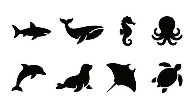 Ocean Life Silhouettes Set of Marine Animals Underwater Creatures