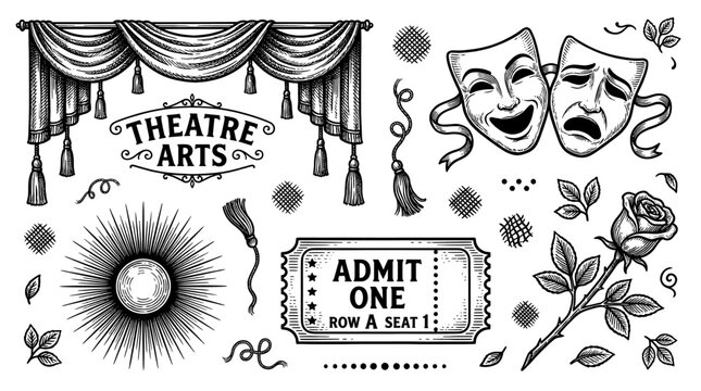 Vintage Theatre Arts Design Elements Collection with Stage Curtains Masks Ticket and Rose in Engraving Style