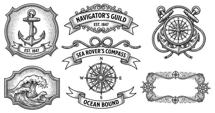 Vintage Nautical Emblems Set with Anchors Compasses Waves and Ribbons in Engraving Style